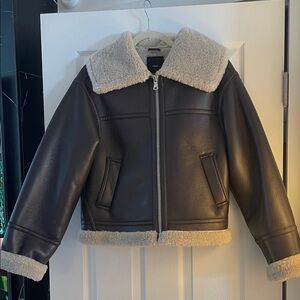 Mango Dark Brown Faux Leather Jacket with Cream Shearling lining